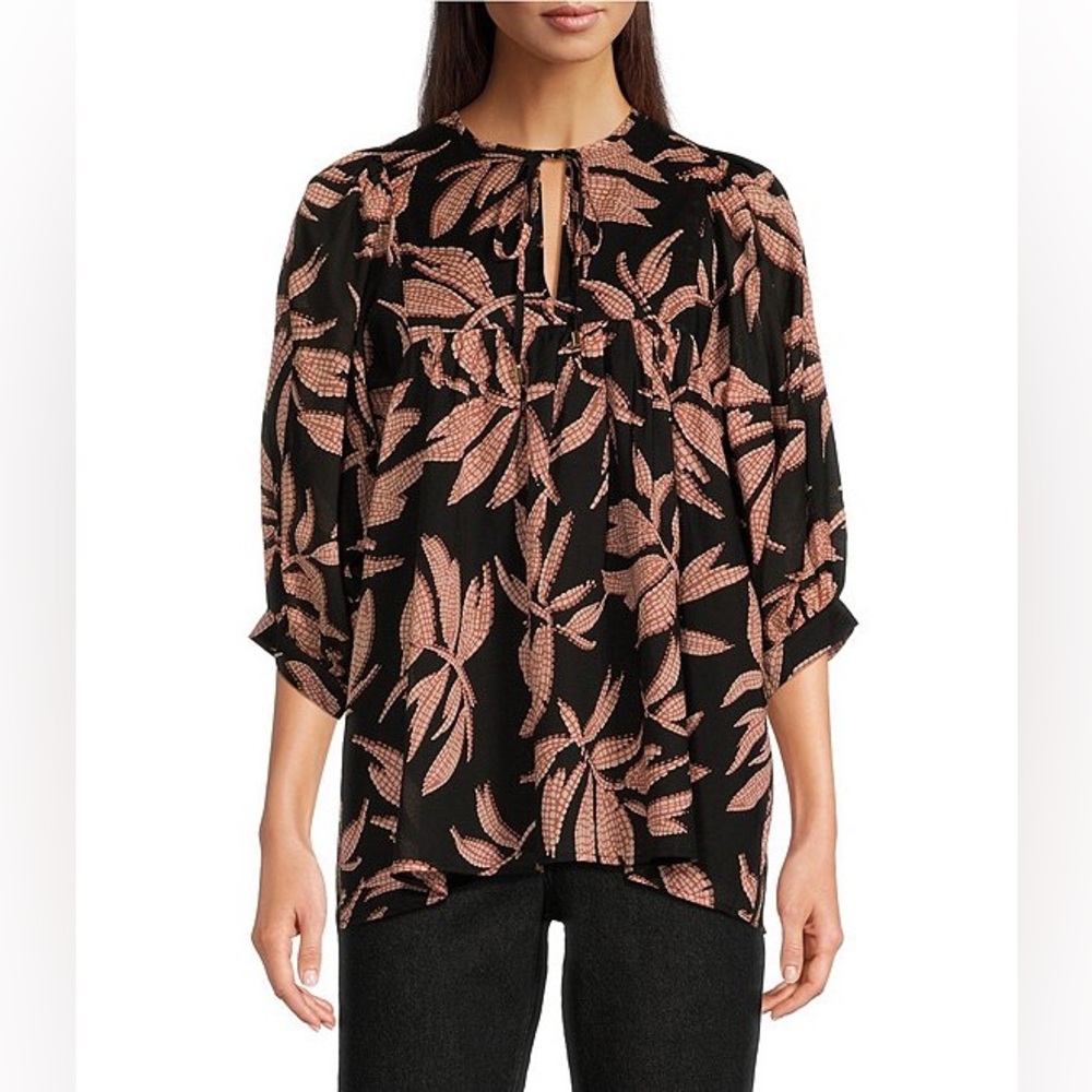NWT J.Marie Size XS Talia 3/4 Puff Sleeves Flounce Tunic Leaf Print Cotton